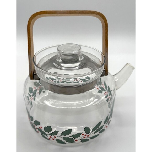 Christmas Handblown Tea Kettle Holly Berry Pattern Heat Resistant Glass Cookware - Picture 2 of 9